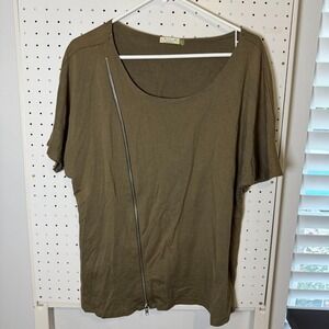 Chalet Shirt Women's Large Olive‎ Green Stretch Asymmetrical Zip Blouse Boho